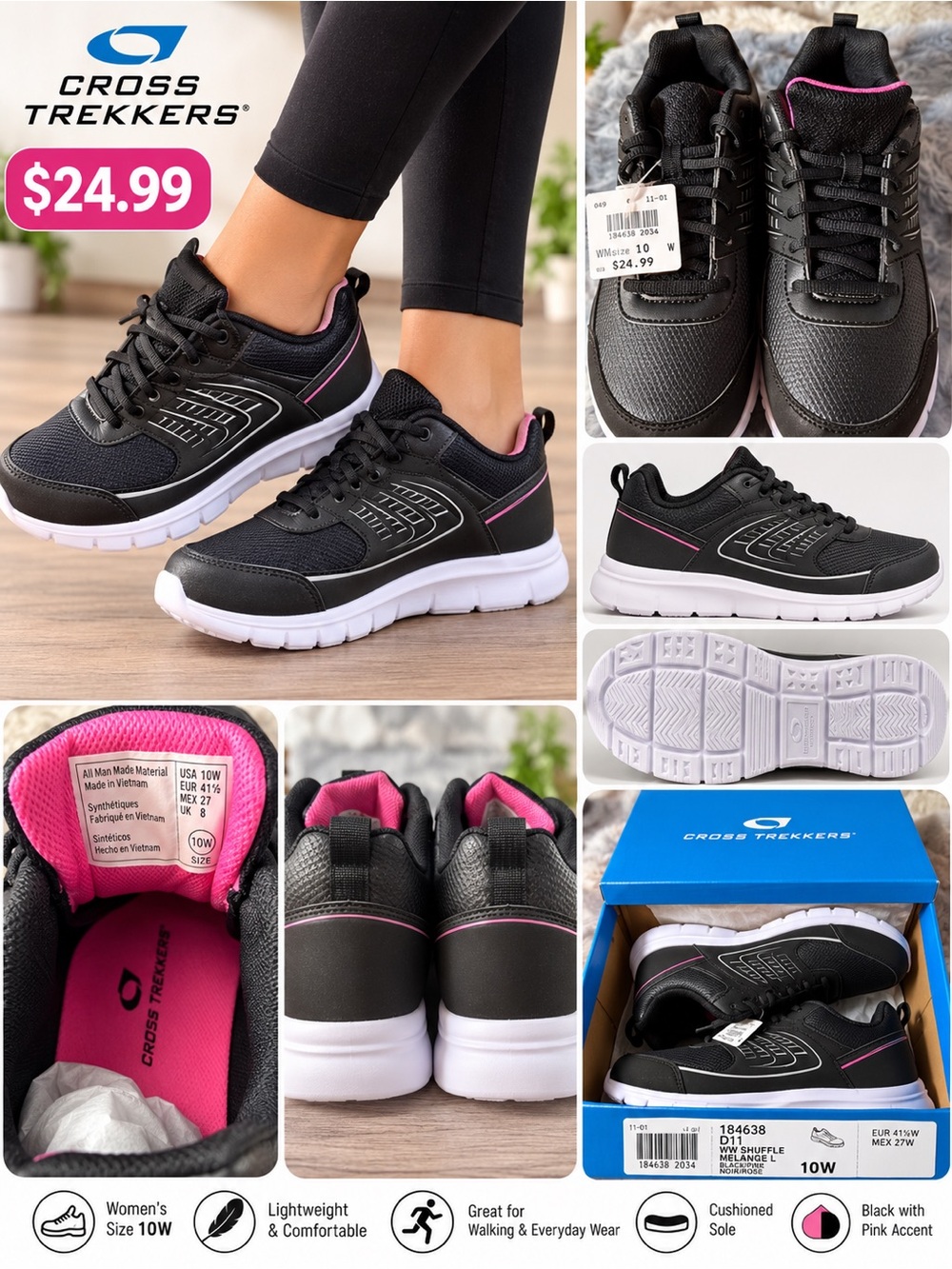 Women's Black Athletic Sneakers with Pink Accent - Size 10W